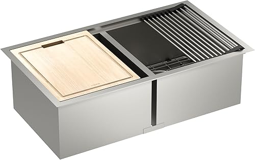 Moen GS182040BUX - Fregadero de estación de trabajo de acero inoxidable de calibre 18 de 33 x 19 pulgadas, incluye tabla de cortar, estante de