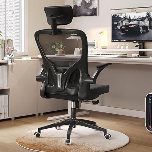 Ergonomic Office Chair, High-Back Mesh Computer Desk Chair with Adjustable Height, Lumbar Support, Flip-Up Armrests,headrest，and Swivel Rolling Design for Home and Office Use 04black