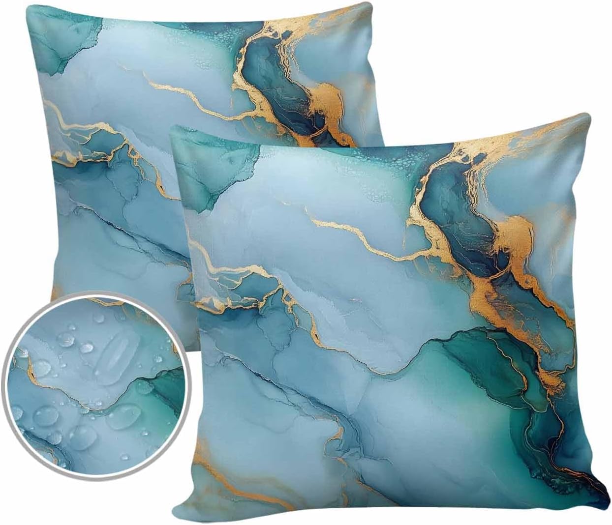 Pack of 2 Marble Blue Gold Outdoor Pillow Waterproof Covers 26x26 inch, Simple Abstract Texture Polyester Throw Pillow Covers Garden Cushion Decorative Case for Patio Couch Decoration