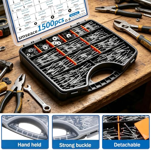 Image of smseace 1500Pcs Black Pop Rivets Kit with Washers in Handheld Box, 14-Size SAE Blind Rivet Assortment 3 /32,1 /8,5 /32,3 /16 Inch, Metal Blind Rivets for Furniture Automotive Instruments Repair