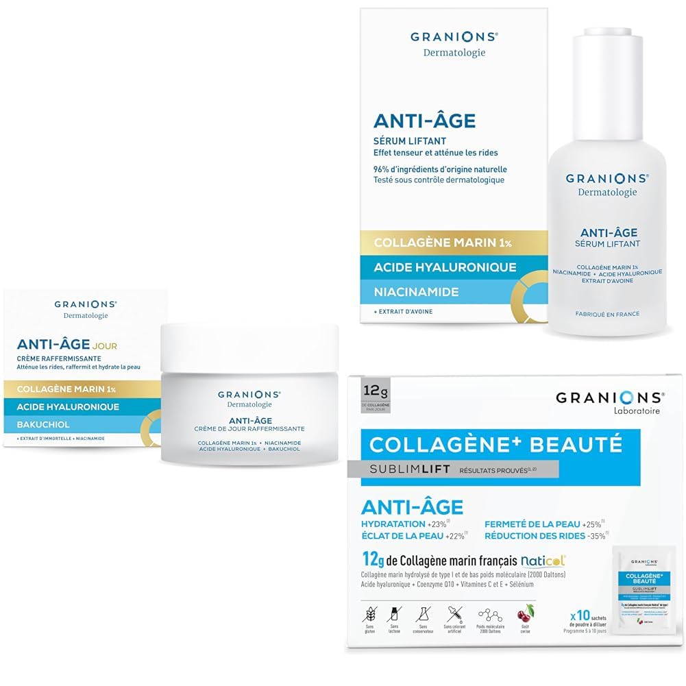 Voyage - GRANIONS - CREME DE JOUR 50 mL + SERUM 30 mL + COLLAGENE MARIN SUBLIMLIFT POUDRE CERISE - Collagene Marin - Collagene et Acide Hyaluronique - Coenzyme Q10 - Skincare Anti Age - Anti Ride