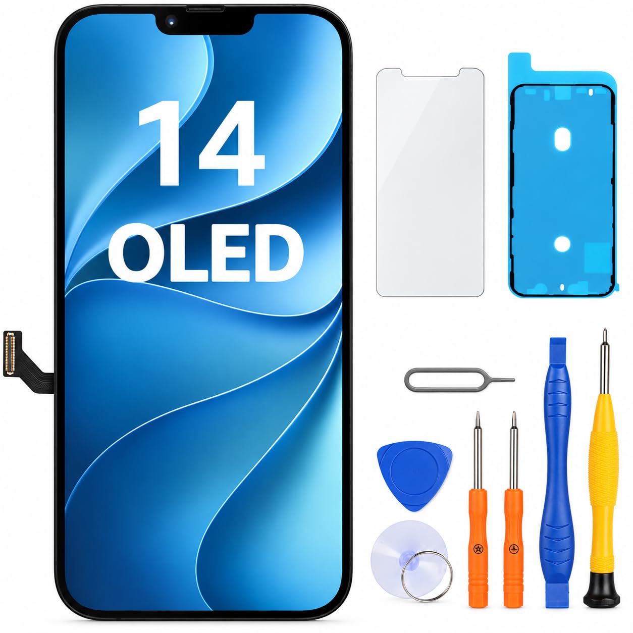 LL TRADER Schermo per iPhone 14 OLED 6,1'' e Kit di Riparazione | Display FHD con 3D Touch e Digitalizzatore, Dotato di Nastro Adesivo Impermeabile e Pellicola Protettiva