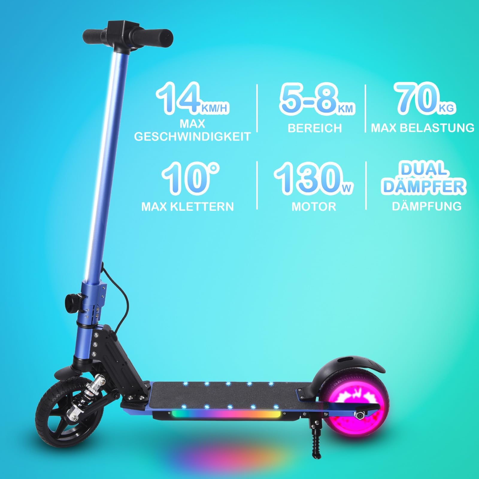 Elektroroller Kinder ab 6-12 Jahren,E Scooter mit Bunter Regenbogenlicht,5-8KM Reichweite,Faltbarer Elektro Scooter Kinder,130W Elektroscooter,Geschenk für Kinder und Jugendliche