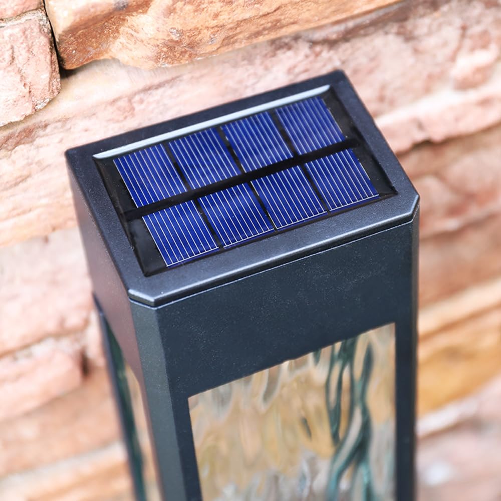 LED Solar Dusk Till Dawn Security Lights Zewnętrzny ganek Patio Latarnia ścienna Kinkiet ze szkłem wodnym 3200K Ciepłe bezprzewodowe światło słoneczne Nowoczesna czarna lampa domowa do ogrodzenia