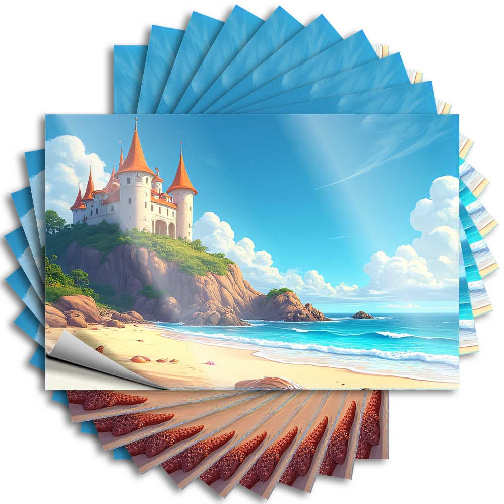 Room Door Decor Tattoo Durable Tumbler | Fantasy Castle By The Sea Snarky Self Adhesive Sticker for Narrow DIY(12X18CM)
