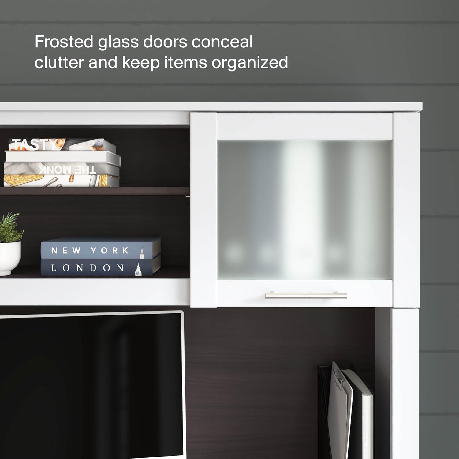 Bush Home 60-Inch Desk Hutch, Office Storage Organizer with Shelves, Cubbies and Frosted Glass Doors for Computer Desk, Home Office Furniture, Somerset Collection, Storm Gray and White