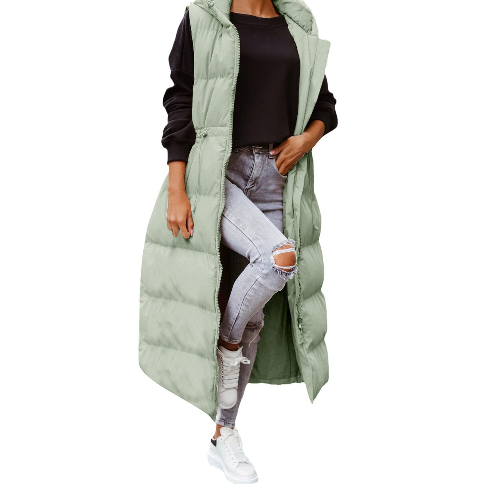 Damen-Daunenjacke, ärmellos, mit Kapuze, lange Jacke, ohne Ärmel, Fleece, warm, Herbst, warme Daunenjacke, ohne Ärmel, Sherpa, Waistcoat, Parka, Outdoor-Kleidung, Winter, gepolstert, mit
