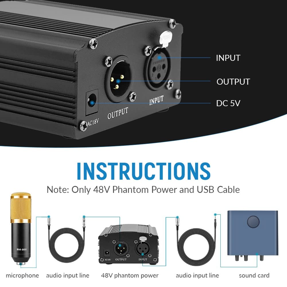 Para Fuente de MicróFono 48V Phantom Power Bm 800 con Adaptador Cable de Audio XLR para Cualquier Equipo de GrabacióN de MúSica Enchufe de la UE