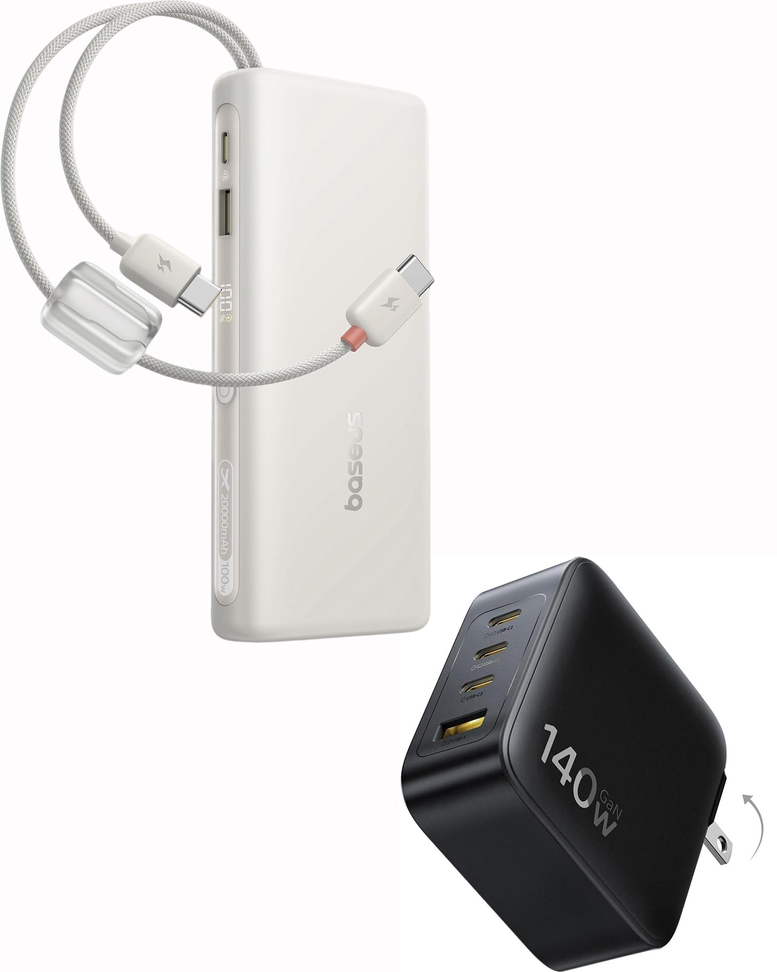 Baseus Portable Charger with Built in Cable, 100W Laptop Power Bank 20000mAh Bundle with PD3.1 140W USB C Charger, PPS Fast Charger Type C, Fast Charging Block