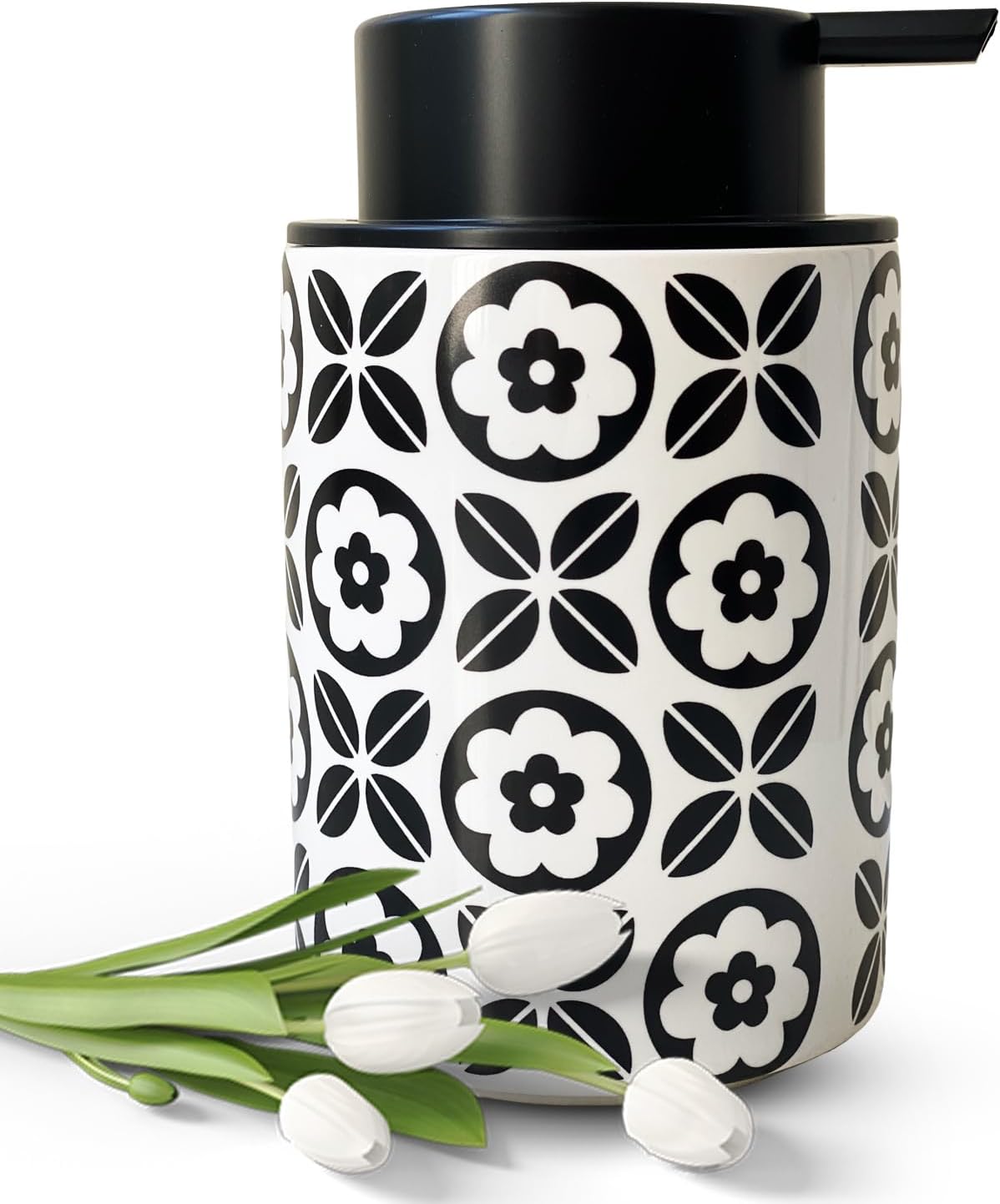 Ceramic Hand Soap Dispenser for Bathroom Deco,12ounce Refillable Liquid Dispenser for Kitchen (Black Flower)