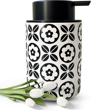 Ceramic Hand Soap Dispenser for Bathroom Deco,12ounce Refillable Liquid Dispenser for Kitchen Black Flower