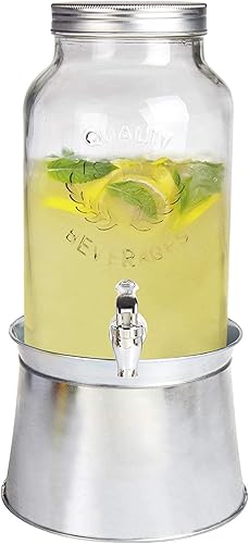 Estilo Glass Mason Jar Dispensador de bebidas con soporte para cubo de hielo y espita sin fugas, 1.5 galón-transparente, estándar