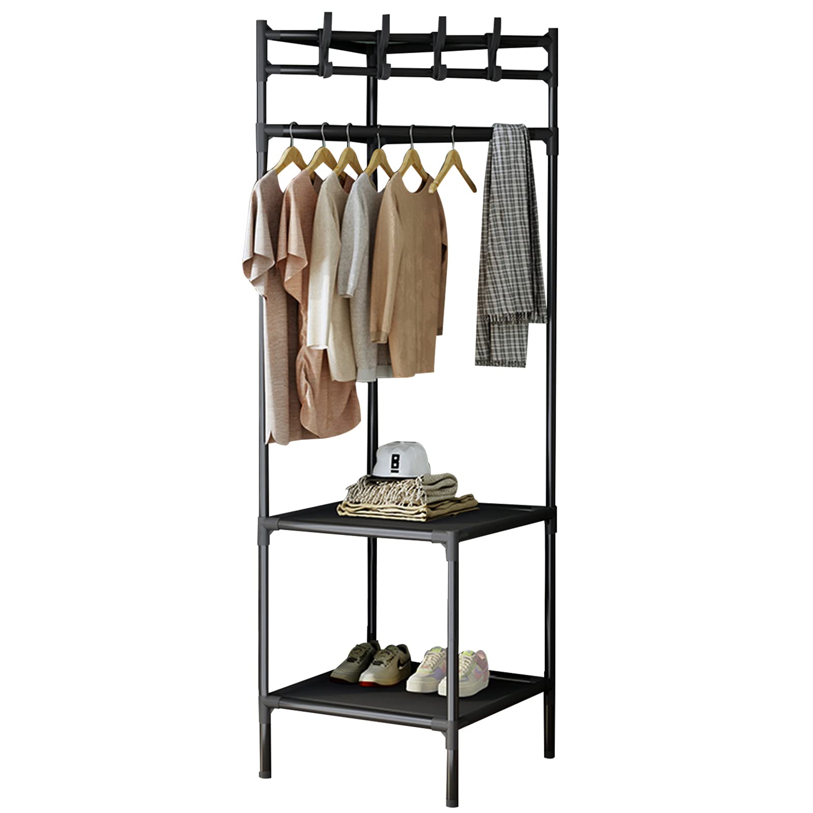 Beauenty Corner Hall Tree, Corner Coat Racks Organizer, Heavy Duty Modern Clothes Rack with 2 Tier Storage Shelves for Home, Entryway, Hallway, Bedroom, Office (Style 1)