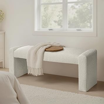 47" End of Bed Bench, Modern Fabric Upholstered Entryway Bench, Footrest Stool Accent Bench with Solid Wood Frame for Bedroom Living Room, White