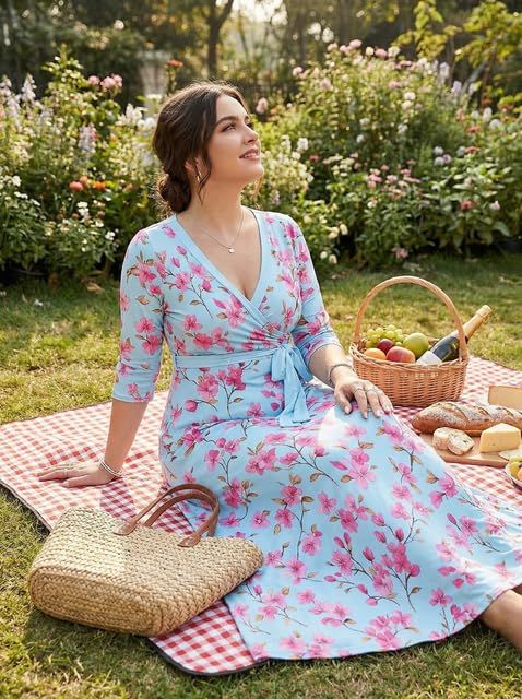Image of PinkPatty Plus Size Maxi Dresses for Women Casual Flowy Long Dress 3 /4 Sleeve V Neck Wrap Dress with Belt