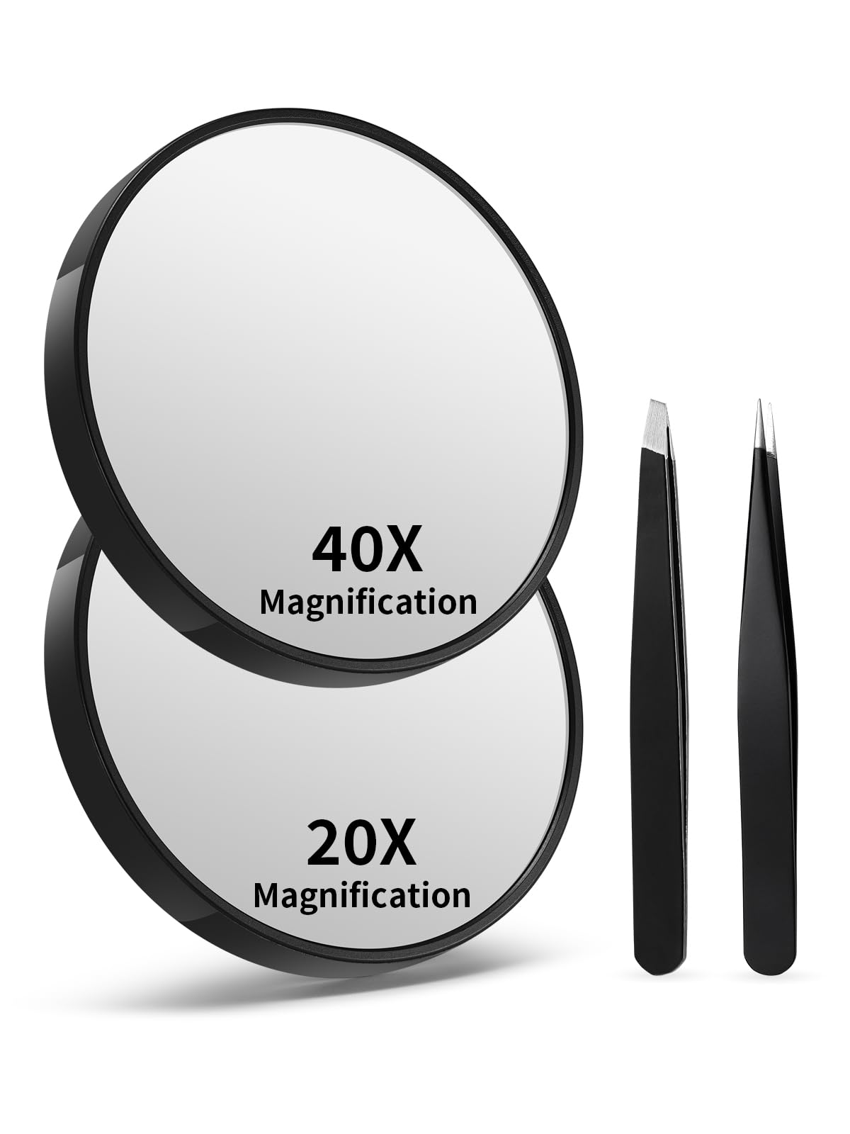 Macaki 20X&40X Magnifying Mirrors with Suction Cups and 2 Tweezers Set,3.5 inches Magnified Makeup Mirror, Black, 2PCS