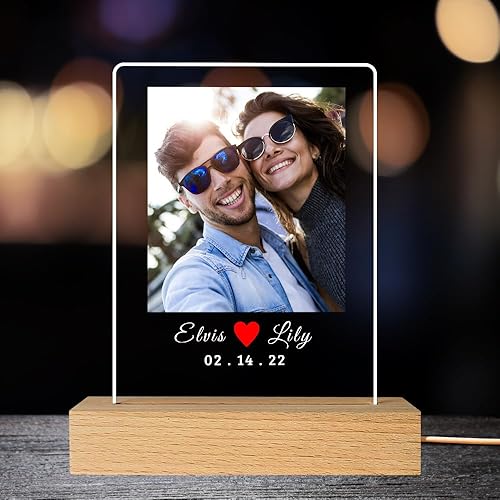 Crezusvo Placa de fotos de acrílico LED personalizada, regalos de aniversario personalizados para parejas con nombres grabados, luz nocturna