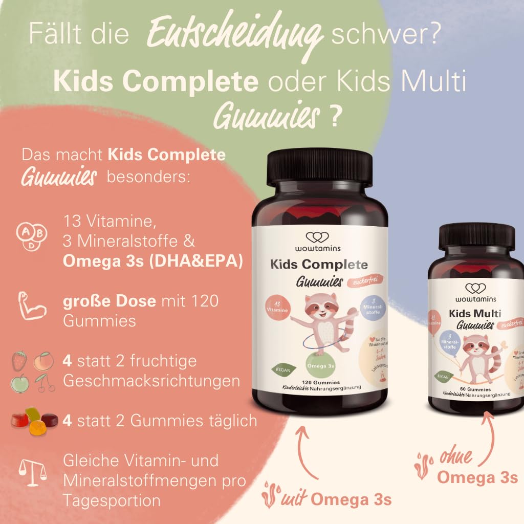wowtamins Kids Complete zuckerfrei - Vegane Multivitamin Gummies mit Omega 3 (30-Tage-Vorrat) - Vitamine für Kinder - Nahrungsergänzungsmittel für das Immunsystem mit Vitamin C, D3, B12, Zink & mehr