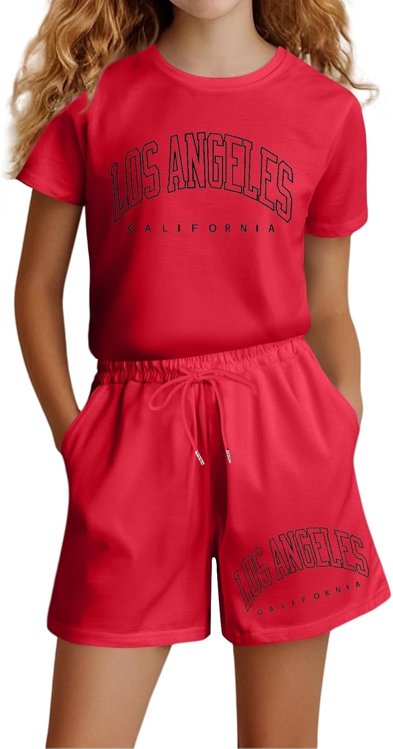 Girls Oversized Short Sleeve Crewneck T Shirt and Shorts 2 Piece Fashion Casual Streetwear Outfit Set with Pockets