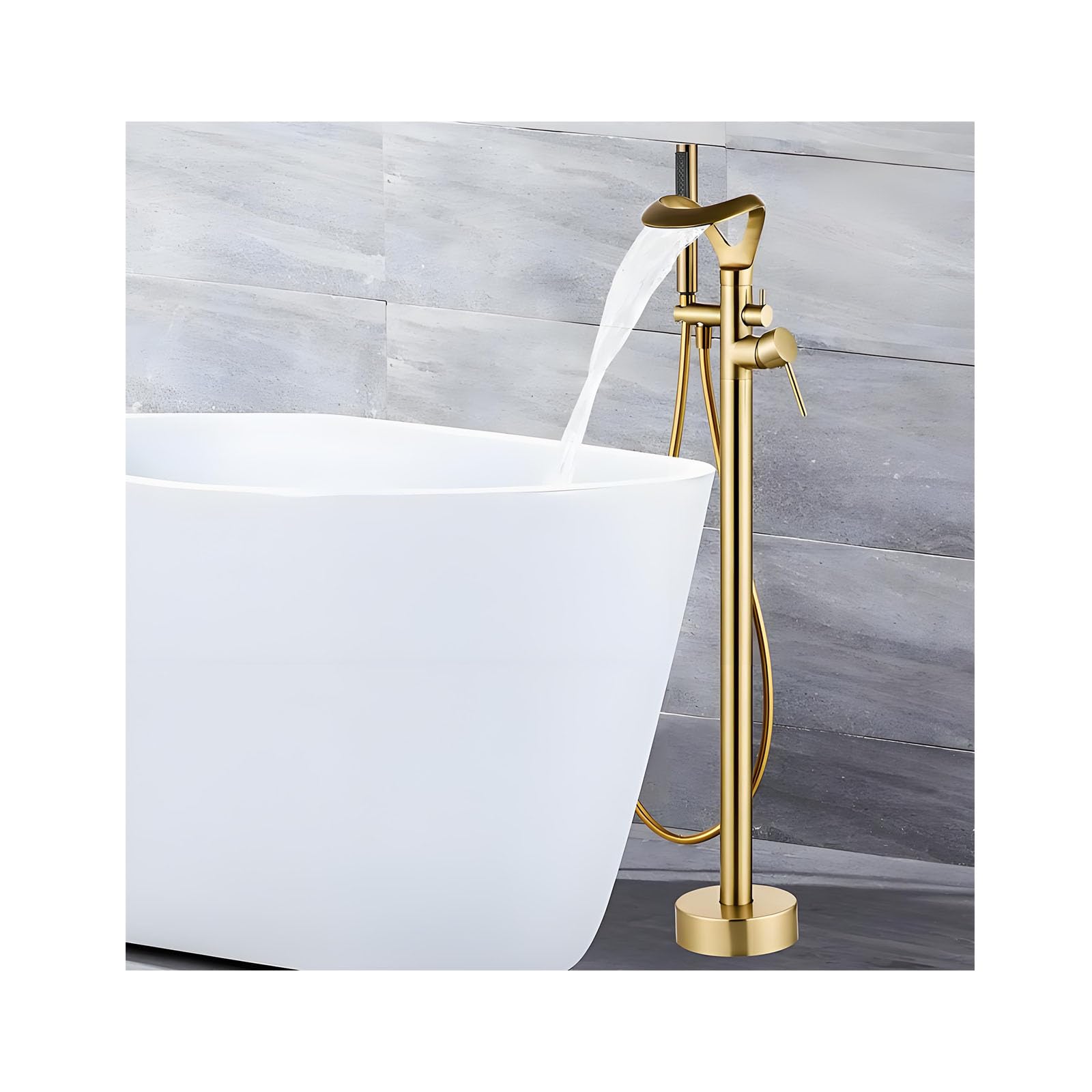 NJDQFA Freestanding Bathtub Faucet,Floor Mount Tub Filler Swivel Spout Single Handle,Brass High Flow Stand Alone Tub Faucet with Handheld Sprayer,Brushed Gold,Bracket