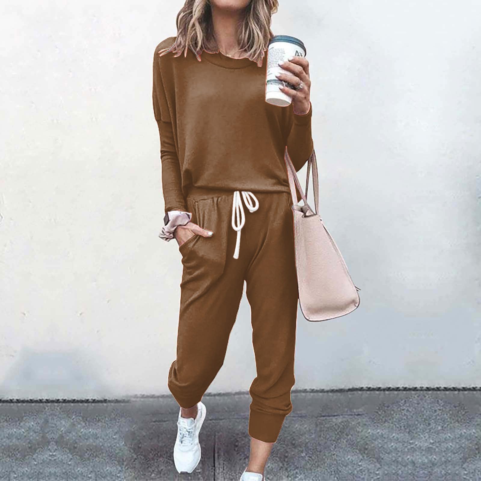 Damen-Jogginganzug, 2-teilig, Lange Hose, Rundhalsausschnitt, Langarmshirt, Kordelzug, Jogginghose, Tasche, Freizeitanzug