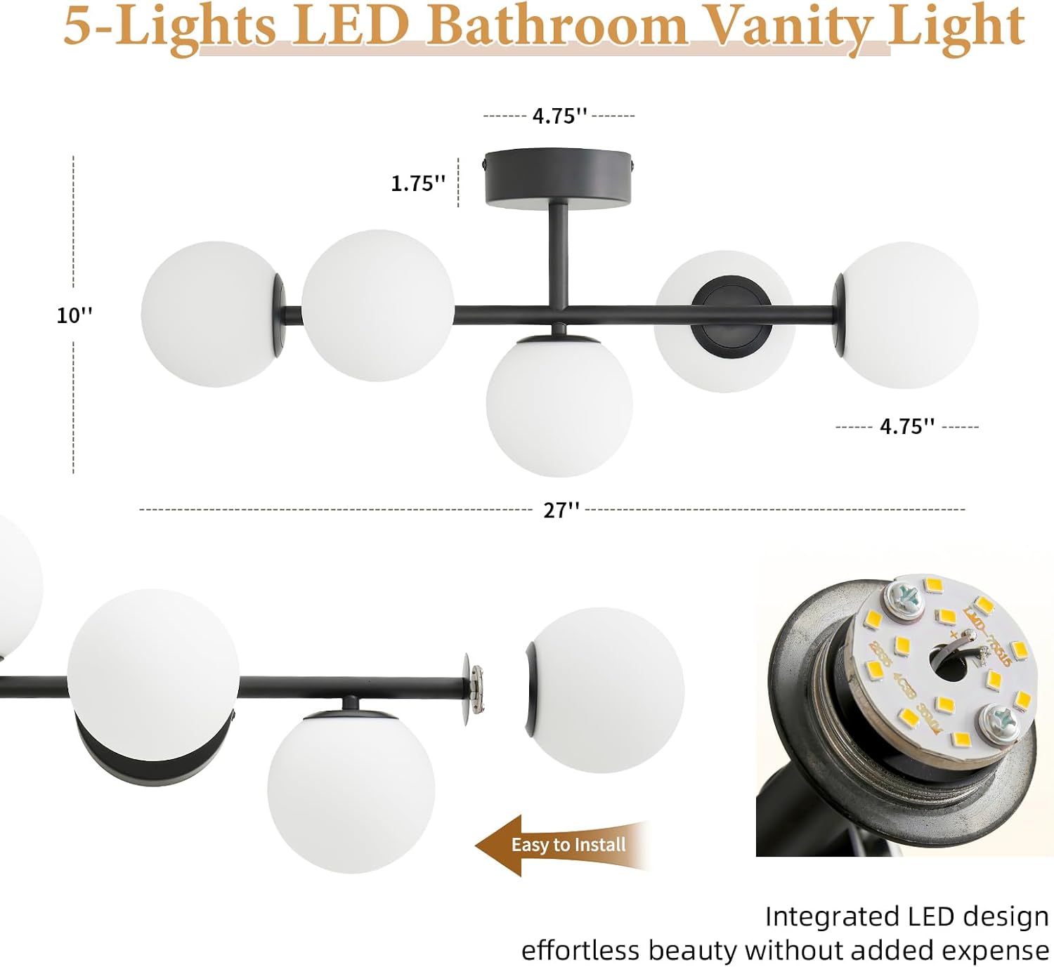 LED Bathroom Vanity Light Fixtures：5-Light Modern Black Brushed Brass Wall Sconce Lighting - Dimmable Vanity Light with Milk White Globe Glass Shade - Mid Century Bathroom Makeup Lights over Mirror