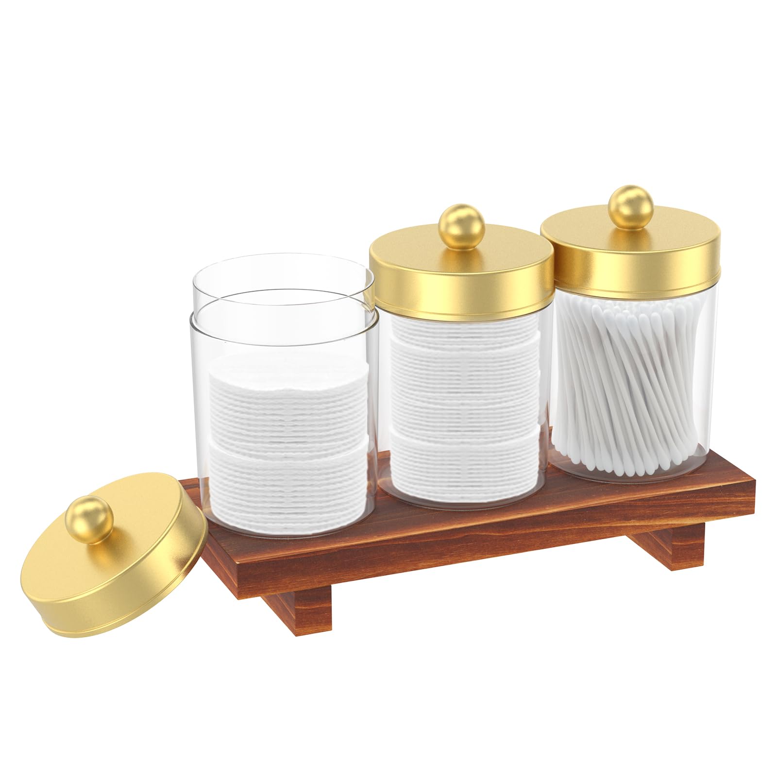 Nihuifdpy Golden 3Pcs Qtip Holder Dispenser Storage Organizer With Wood Tray, Transparent Apothecary Jars Bathroom With Lid For Cotton Ball, Cotton Swab,Cottons Round Pads, Floss, Makeup Sponges, Hair Clips(Golden)