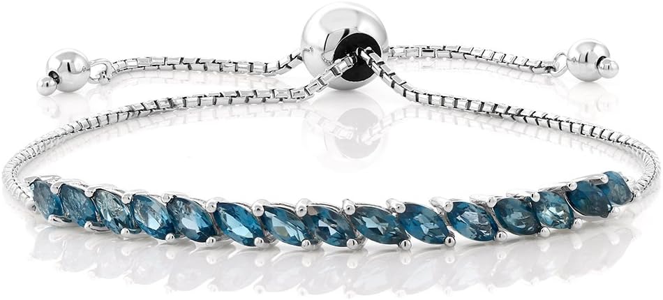 1.50 Cttw London Blue Topaz Tennis Bracelet For Women | 925 Sterling Silver | Gemstone Birthstone | Adjustable Bolo Bracelet For Women | Easy-On Easy-Off