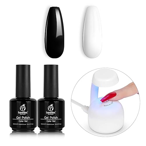 Beetles - Juego de 2 esmaltes de uñas de gel con mini lámpara LED de uñas, juego de 2 esmaltes de 0.5 fl oz de color blanco y negro, esmalte para