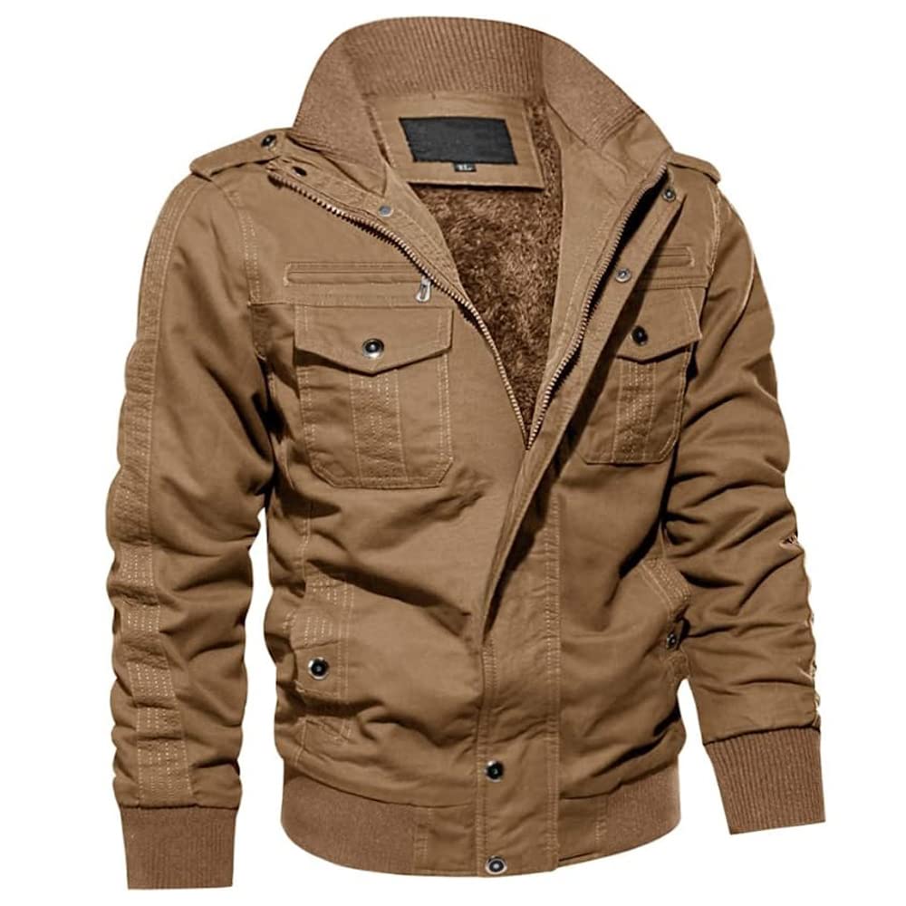 Magcomsen Men's Khaki Warm Winter Jacket Combat Military Bomber Jacket Cotton Casual Coat Windbreaker Stand-Up Collar Jacket