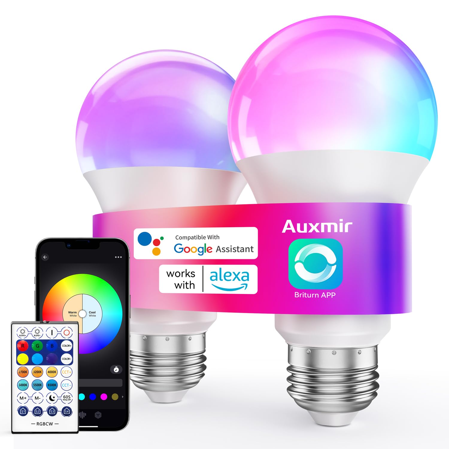 Auxmir Bombilla Inteligente WiFi E27 RGB LED, 16 Millones de Colores, Regulable 2700K-6500K, 800LM, Control por APP, Voz Alexa y Google Home, Temporizador, Escenas Personalizadas, Paquete de 2