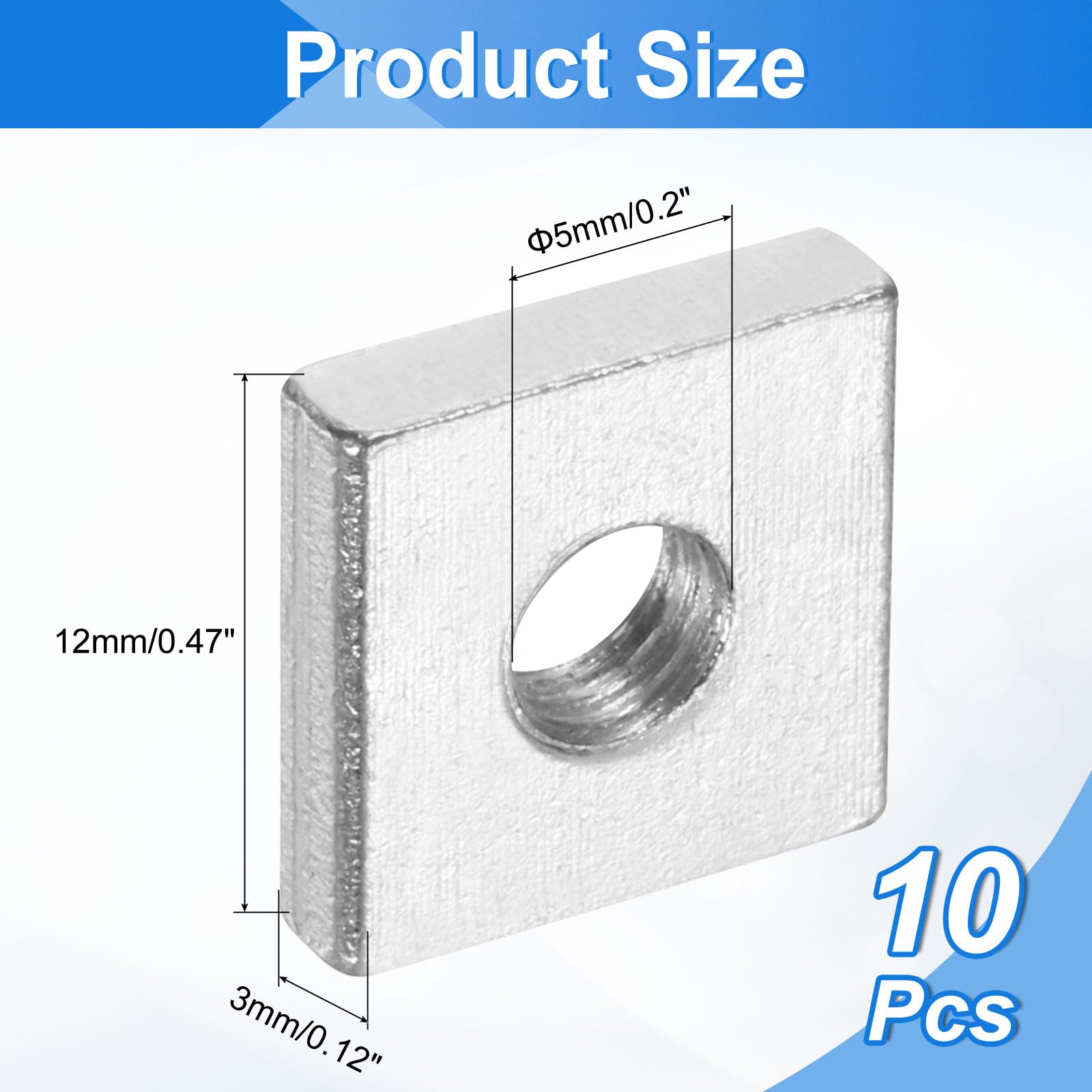 uxcell 10Pcs M5x12mmx3mm Square Nuts, Carbon Steel Zinc Plated Coarse Thread Square Nuts Fasteners for Home Repairs and Professional Engineering, Silver