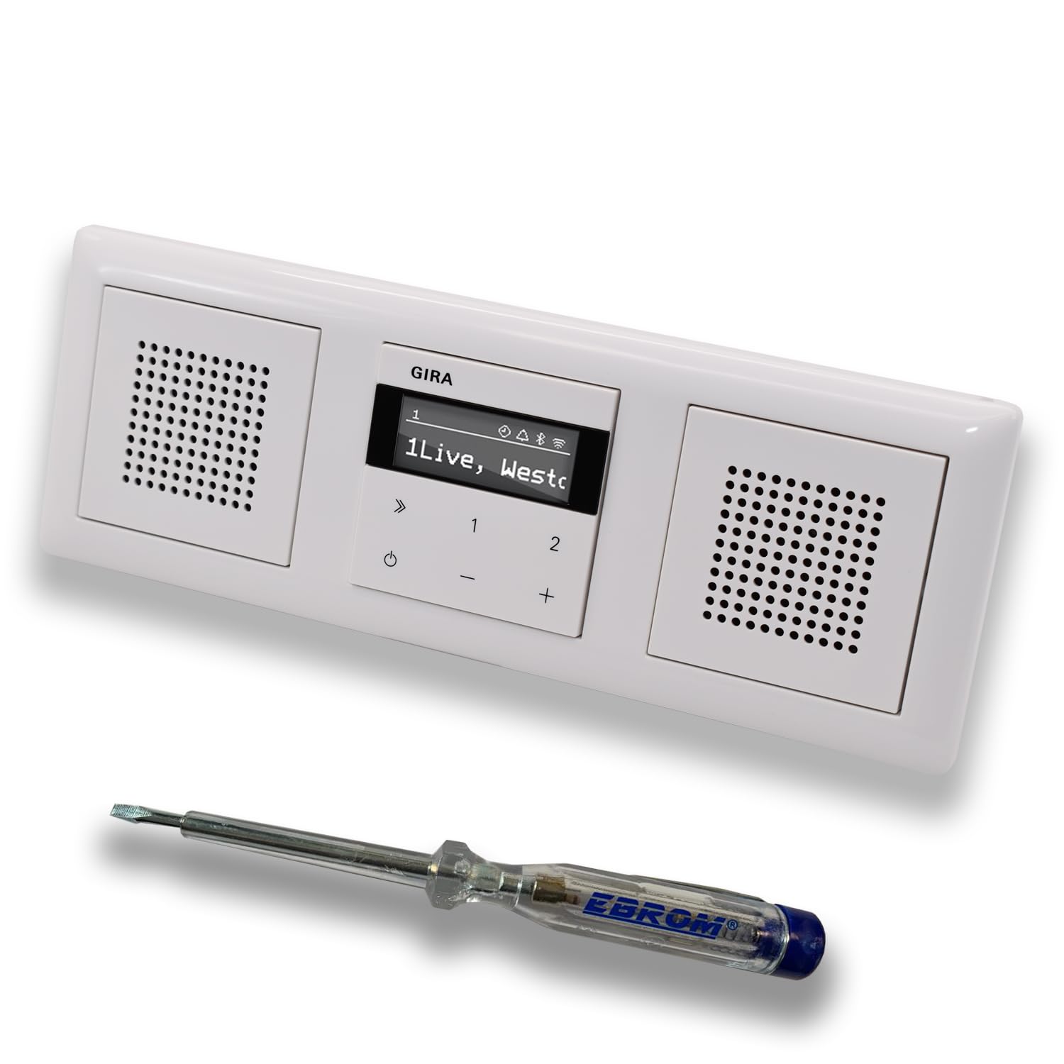 Gira Unterputz IP Internetradio 232003 + Bluetooth Komplett-Set mit 2 x Lautsprecher - System 55 - reinweiß glänzend mit 3fach Rahmen Gira 021303 inkl. EBROM Phasenprüfer zur Montage der Geräte