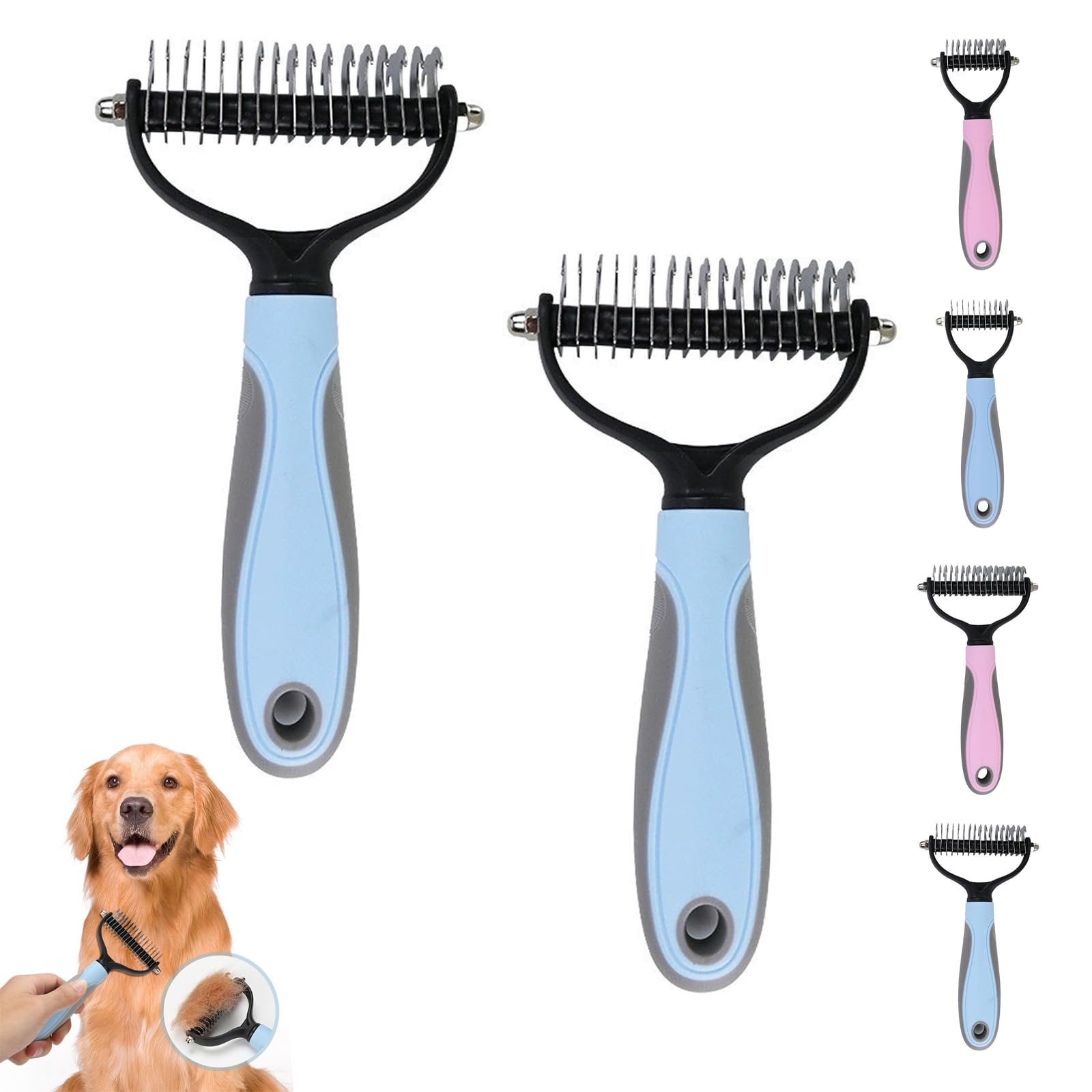 Double Sided Pet Grooming Brush for Dogs and Cats, Deshedding Dematting Comb for Removing Loose Fur, Tangles, Knots and Undercoat, Pet Hair Removal Tool (Blue,L,2Pcs)
