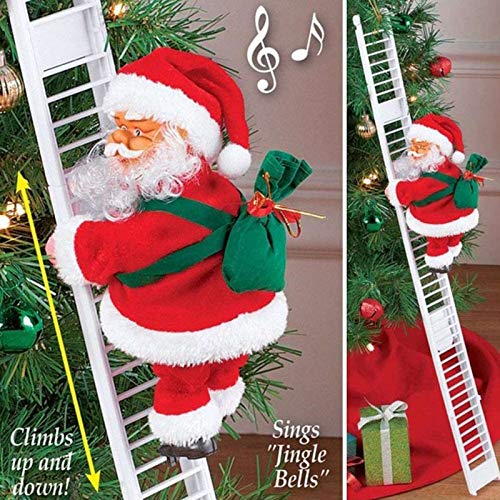 Electric Santa Climbing Ladder to Tree, Climbing Up and Down Santa Claus on Ladder with Music and Bag of Presents Tree Holiday Party Home Door Wall Decoration Xmas Ornament Toys Gift