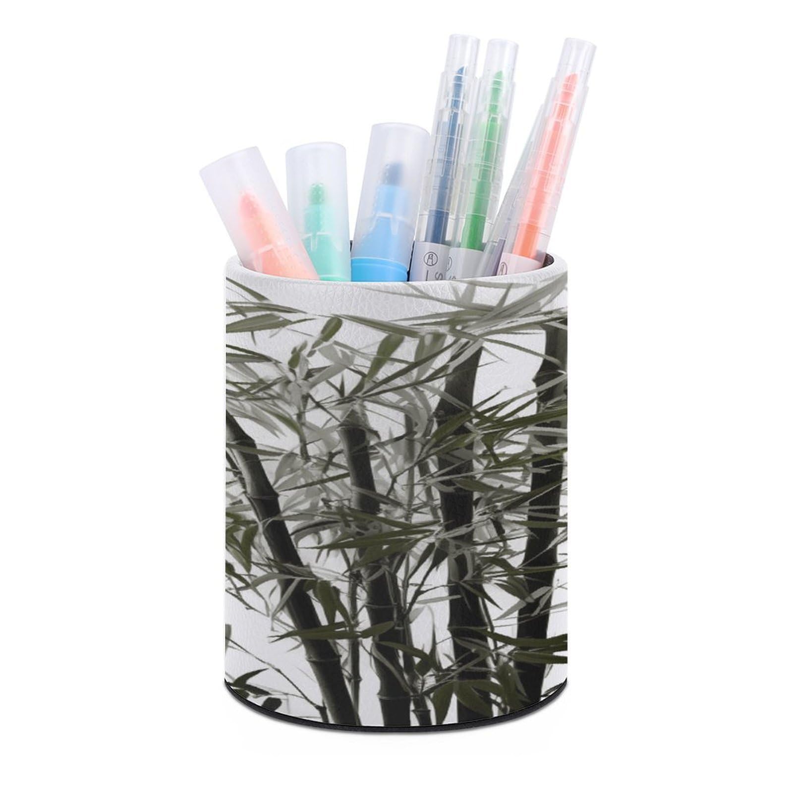 FekiLoot PU Leather Round Pen Holder Asian Bamboo Pencil Holder Desk Organizer Pen Organizer Pen Cup Pencil Cup Caddy Desktop Stationery Organizers for Office Home Supplies