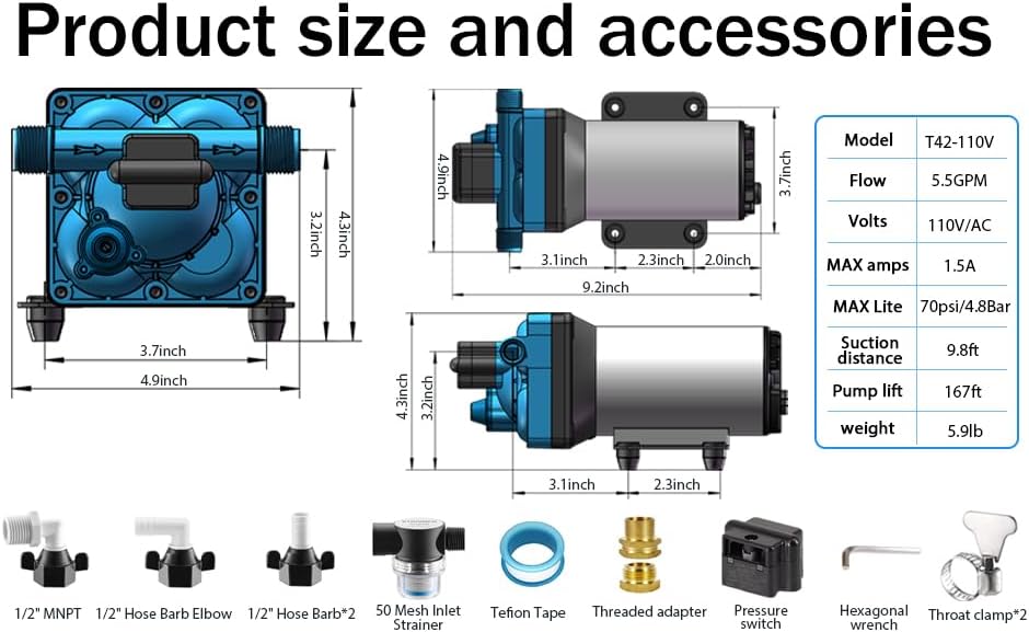 Miniatura 7 de Bomba de agua eléctrica de alta presión de 110 V con diafragma, bomba de transferencia de agua en línea, sistema de agua para cámper, bomba de