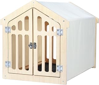 Dog House Indoor for Small Dogs & Medium Dogs 30”Lx21”Wx24”H, Wooden Board & Oxford Fabric & Felt Mat, Lockable Door, Easy Assembly, Wooden Color