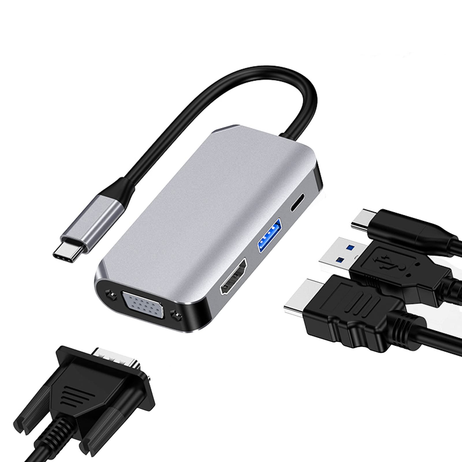 USB C to VGA Adapter, iRecadata 4 in 1 Thunderbolt 3 to VGA Hub with HDMI Ports 4K,USB 3.0 Port,Power Delivery Port Compatible for MacBook,XPS, and More USB C Device