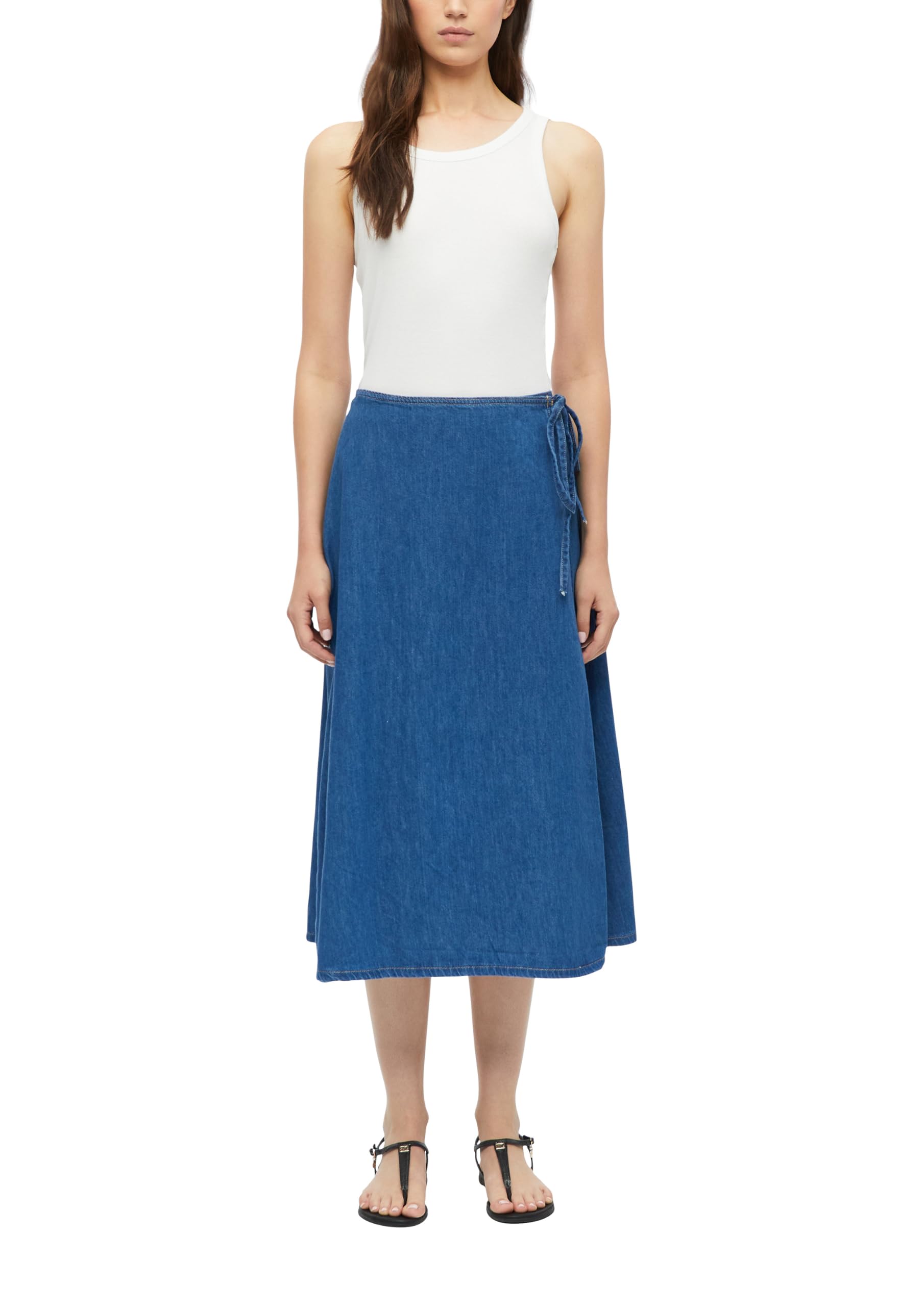 s.Oliver Damen Rock – Regular Fit, Denim, High Rise, Midi-Länge mit Bindeband und Gürtelschlaufen – Für Urlaub