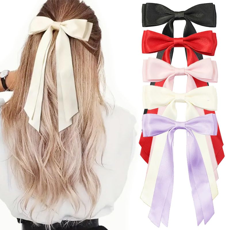 5 Stück Haarschleifen aus Satin Große Schleifen mit Metallclips für Damen und Mädchen Haarschmuck für Hochzeit Party und Alltag Elegante Haarklammern in Rot Schwarz Rosa Lila Beige