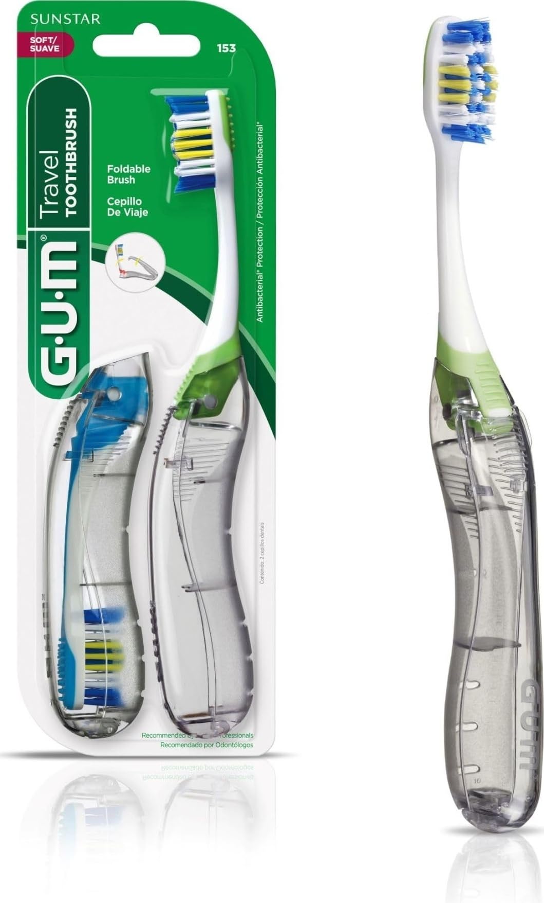 GUM Folding Travel Toothbrush, Compact Head + Tongue Cleaner, Soft Bristled Travel Toothbrushes for Adults, 2ct