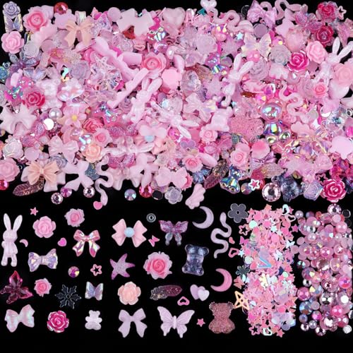 Sinyanail 300pcs Nail Art Charms Kit,Over 100pcs Mixshape Resin Nail Gems and 100 pcs Mixed Flatback Nail Rhinestones Pearls with Over 100pcs Nail Sequins for Nail Art Accessories (Pink)