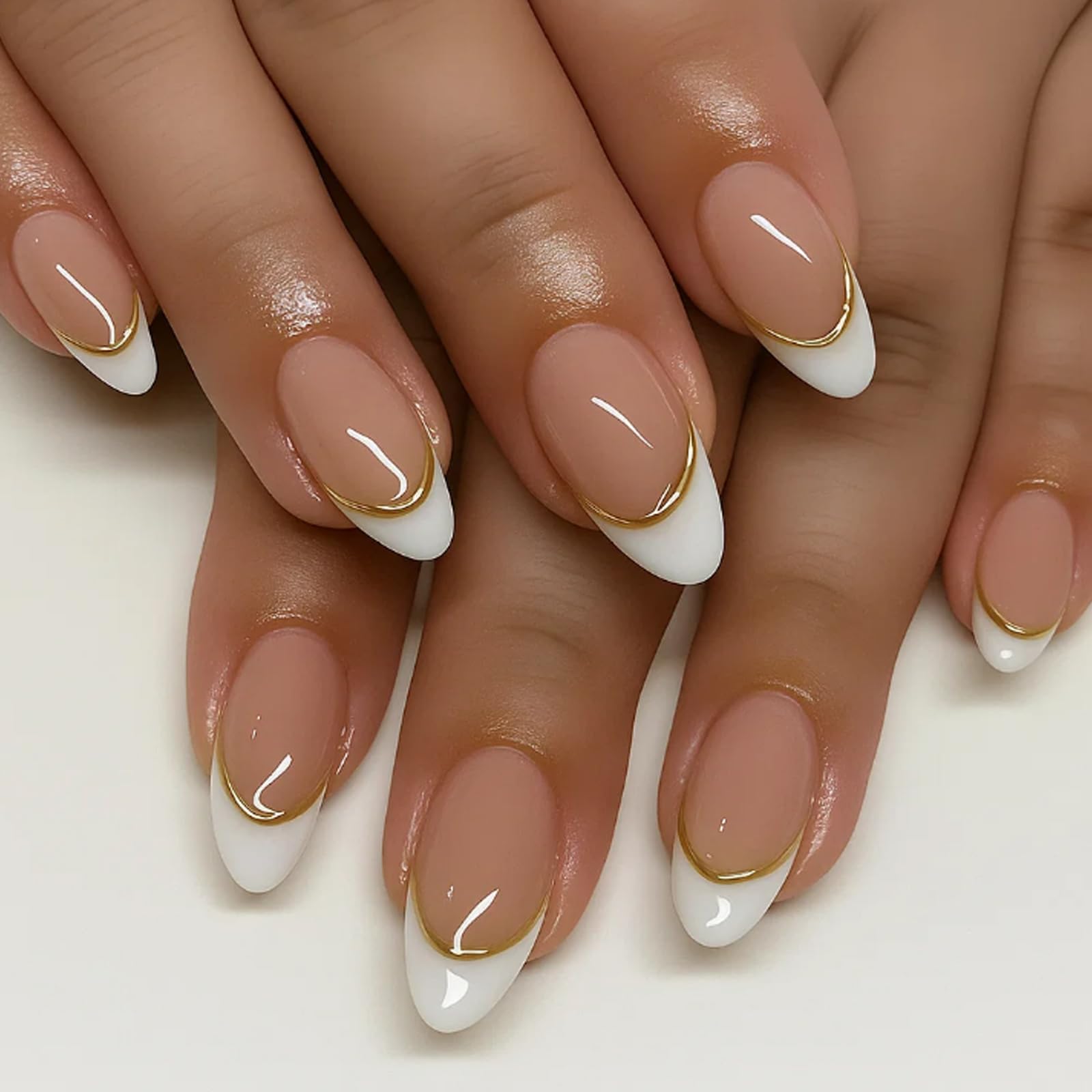 Almond French Tip Press On Nails With Gold Stripe - Image 3
