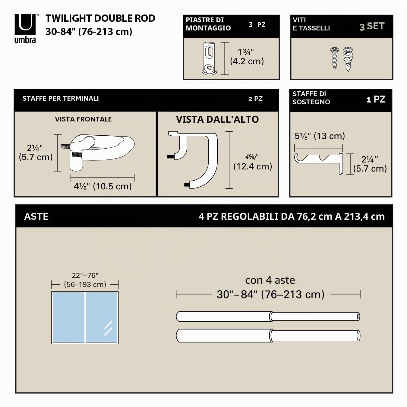 Umbra Twilight Set di aste Doppie: Il Design Avvolgente è Ideale Tende oscuranti, Lega di Acciaio, Nichel Opaco, 30" - 84"