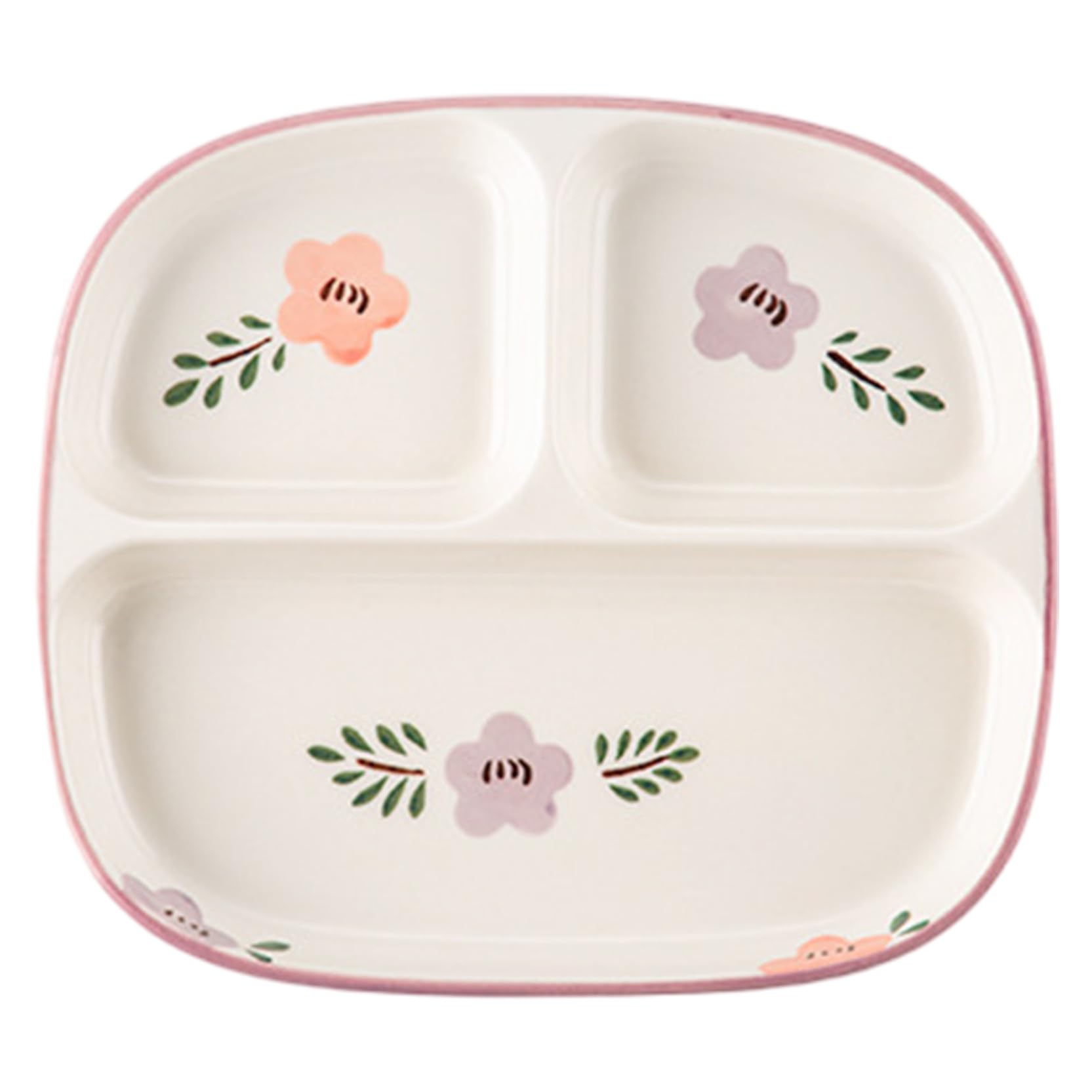 Ameble White Divided Plates With 3 Compartment 8.3X7.3x1 Square Floral Pattern Ceramic Portion Control Plates For Adults & Kids, Home, School, Kindergarten Divided, With Dividers, Compartment P