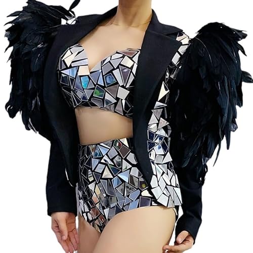 HoHoHuo Sequin Stage Outfit Singer Exaggerated Drag Queen Costume White Feather Mirror Coat (M, Tops+Shorts, Black)