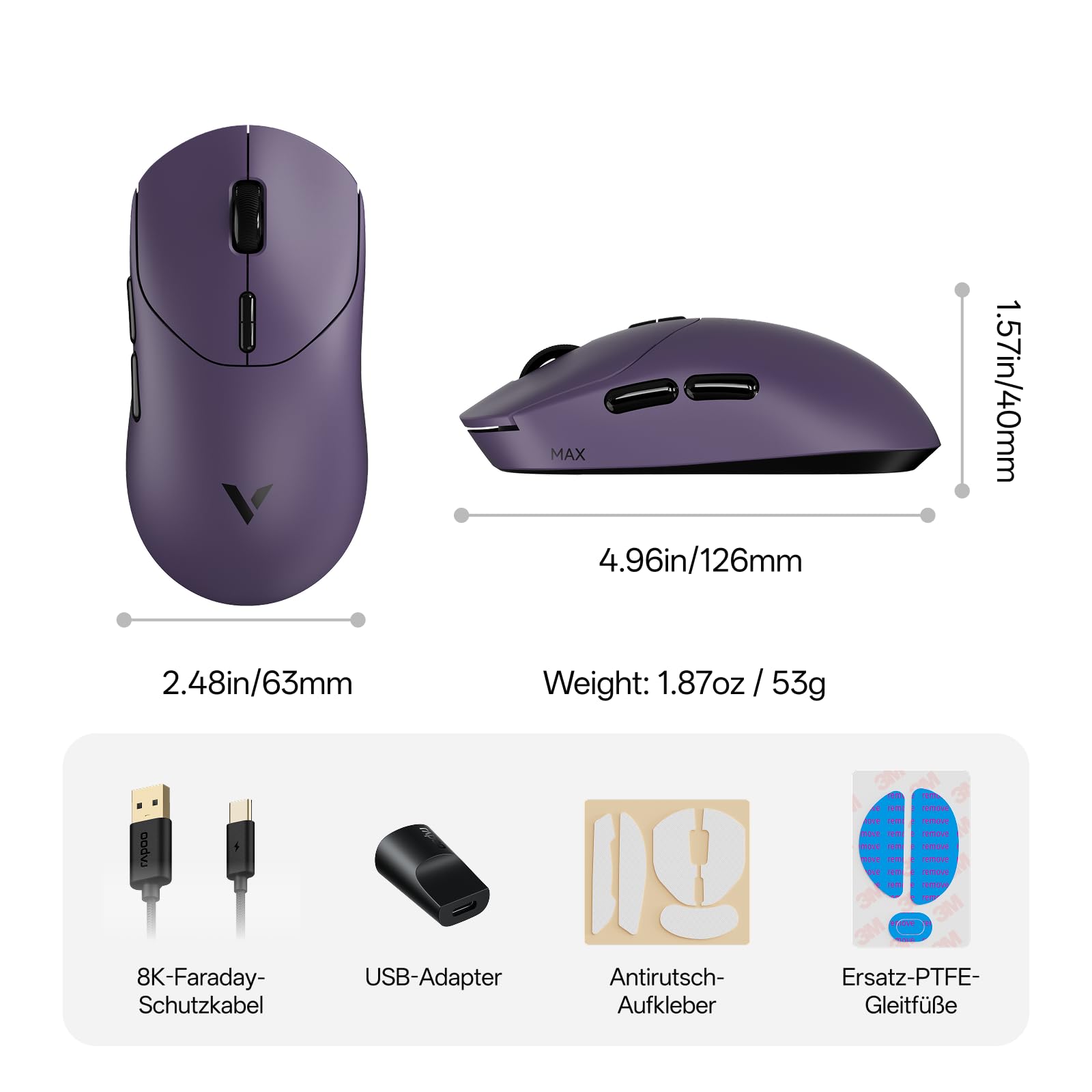Rapoo VT2 MAX - Mouse da gioco senza fili, 30 K, sensore DPI reale, 8000 Hz, 53 g, ultra leggero, batteria 750 ore, Nordic nRF54L15 MCU, 120 milioni di interruttori ottici, 10 pulsanti programmabili