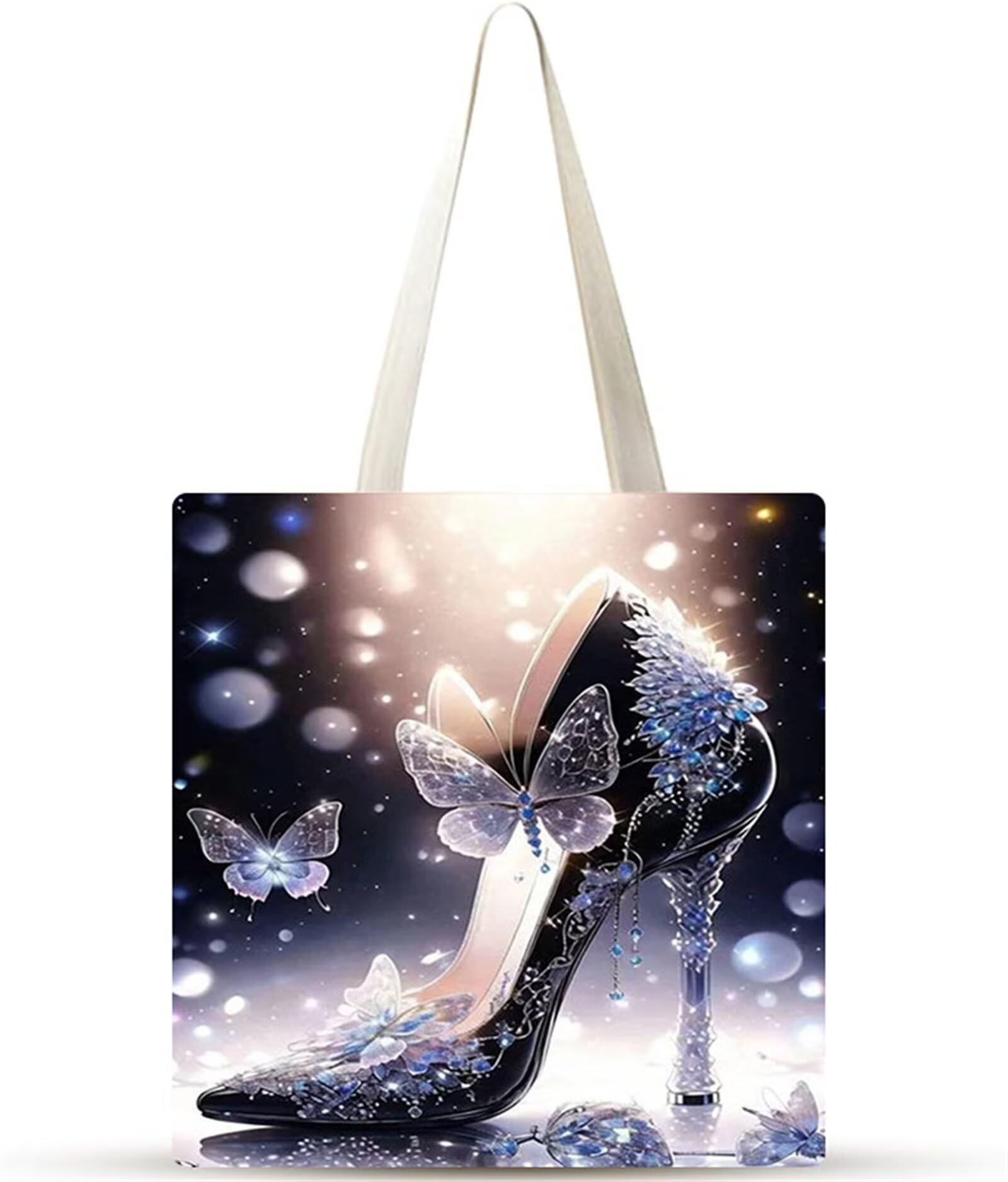 Tacchi alti a farfalla cristallo Borsa Tela,Tote Bag Tela,Borse per la Shopper Lavabili,Senza cerniera Borsa Tela,Canvas Tote Bag da Donna Regali per Shopping,Scuola,Viaggi,Spiaggia