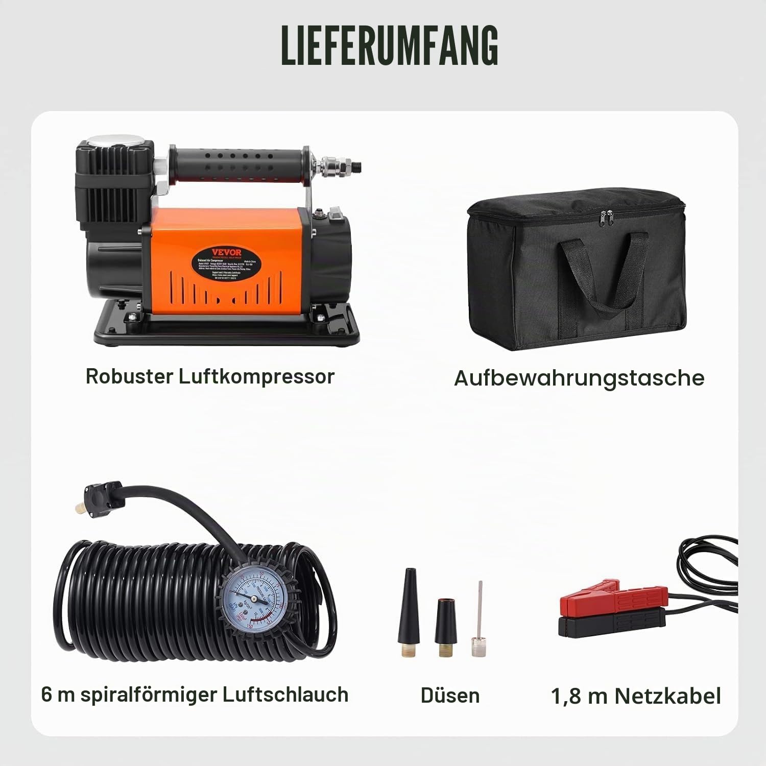 VEVOR 12V Auto-Kompressor 150PSI Luftkompressor 6CFM(170L/Min) Auto Reifenfüller mit Wärmeschutz Luftpumpe inkl. 3m Netzkabel und 6m Luftschlauch Ideal für LKW SUV RV Schlauchboote usw.
